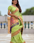 Pastel Green Checks Paithani Silk Zari Woven Saree