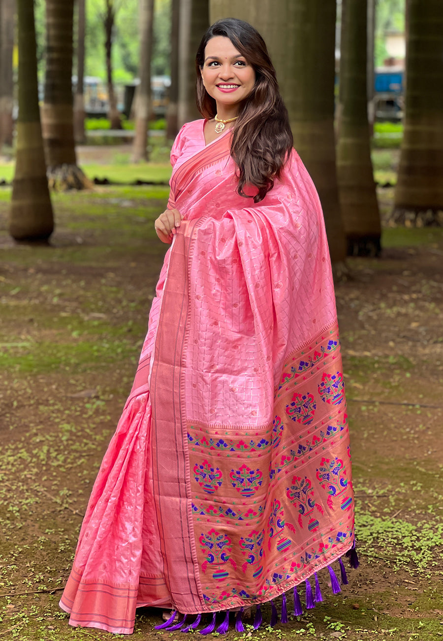 Baby Pink Checks Paithani Silk Zari Woven Saree