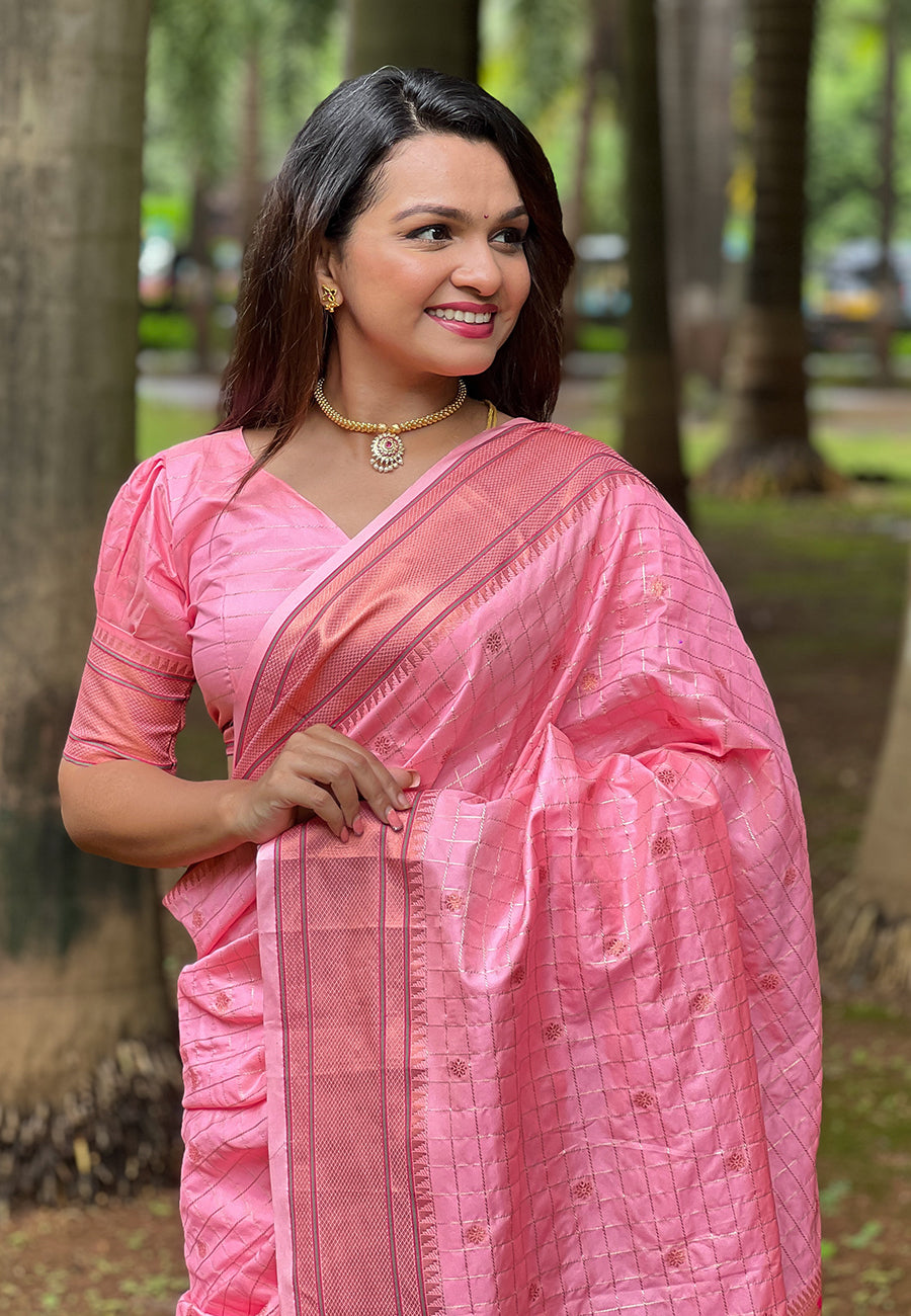 Baby Pink Checks Paithani Silk Zari Woven Saree