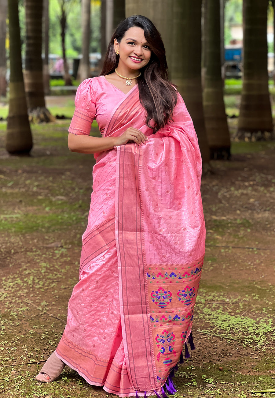 Baby Pink Checks Paithani Silk Zari Woven Saree