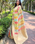 Cream Organza Multicolor Latest Zari Woven Saree