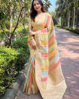 Cream Organza Multicolor Latest Zari Woven Saree