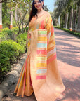 Dark Peach Organza Multicolor Latest Zari Woven Saree