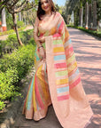 Light Peach Organza Multicolor Latest Zari Woven Saree