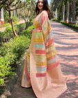 Light Peach Organza Multicolor Latest Zari Woven Saree