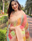 Light Peach Organza Multicolor Latest Zari Woven Saree