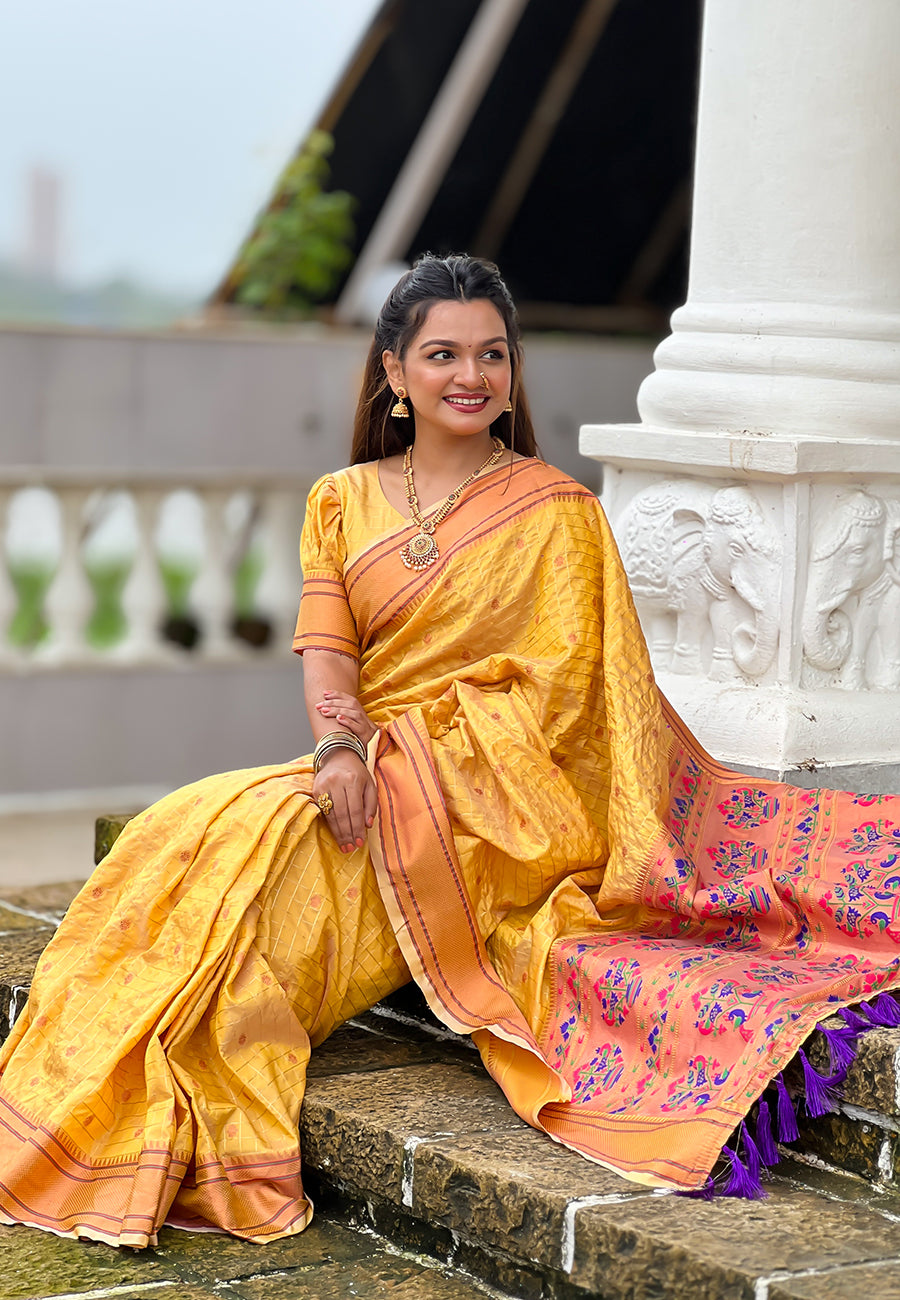 Yellow Checks Paithani Silk Zari Woven Saree