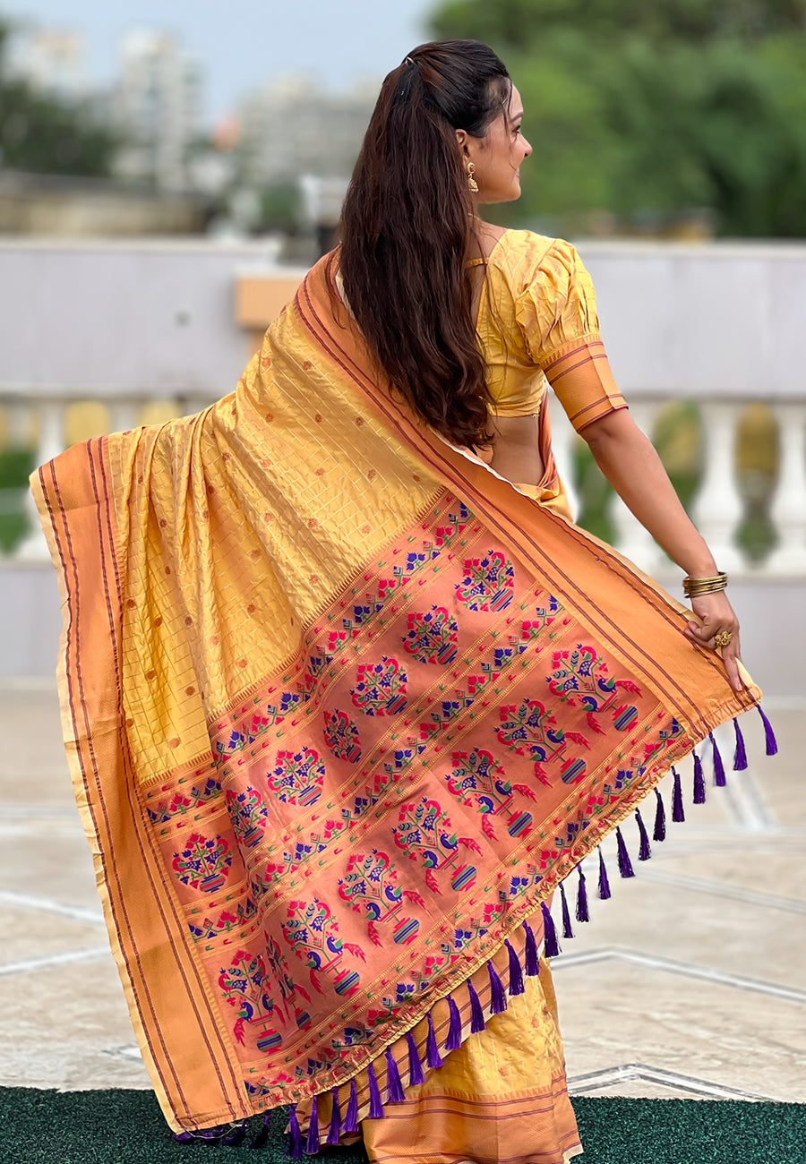 Yellow Checks Paithani Silk Zari Woven Saree