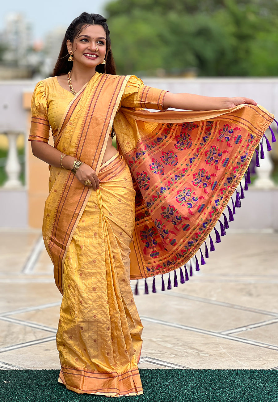 Yellow Checks Paithani Silk Zari Woven Saree