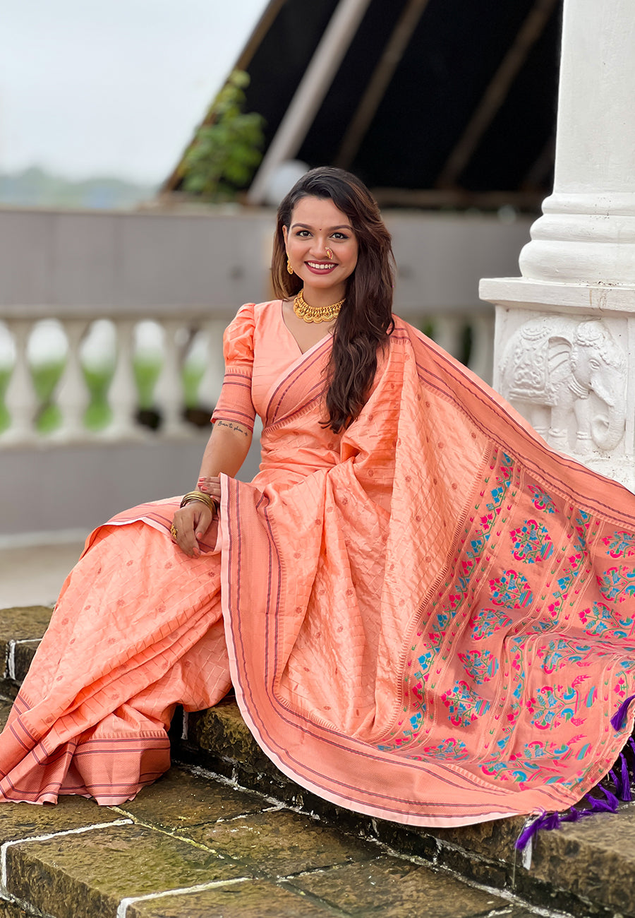 Peach Checks Paithani Silk Zari Woven Saree