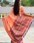 Peach Checks Paithani Silk Zari Woven Saree