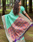 Pale Turquoise Checks Paithani Silk Zari Woven Saree