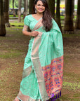 Pale Turquoise Checks Paithani Silk Zari Woven Saree