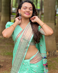 Pale Turquoise Checks Paithani Silk Zari Woven Saree