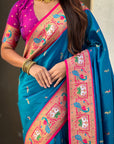 Blue Soft Silk Swan Rajhans Paithani Saree