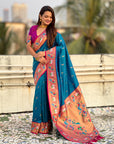 Blue Soft Silk Swan Rajhans Paithani Saree