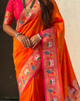 Orange Soft Silk Swan Rajhans Paithani Saree