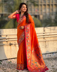Orange Soft Silk Swan Rajhans Paithani Saree