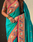 Aqua Blue Soft Silk Swan Rajhans Paithani Saree