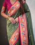 Mehendi Green Soft Silk Swan Rajhans Paithani Saree