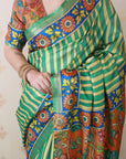 Sea Green Soft Tussar Silk Striped Party Wear Printed Zari Woven Saree