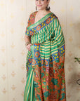 Sea Green Soft Tussar Silk Striped Party Wear Printed Zari Woven Saree