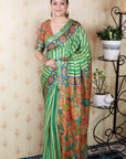 Sea Green Soft Tussar Silk Striped Party Wear Printed Zari Woven Saree