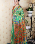 Sea Green Soft Tussar Silk Striped Party Wear Printed Zari Woven Saree