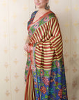 Brown Soft Tussar Silk Striped Party Wear Printed Zari Woven Saree