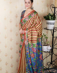 Brown Soft Tussar Silk Striped Party Wear Printed Zari Woven Saree