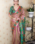 Pink Soft Tussar Silk Striped Party Wear Printed Zari Woven Saree