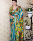Blue Soft Tussar Silk Striped Party Wear Printed Zari Woven Saree