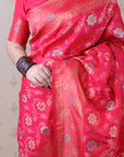 Pink Banarasi Jaal Soft Silk Gold Zari Meenakari Woven Saree