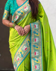 Parrot Green Soft Silk Swan Rajhans Paithani Saree