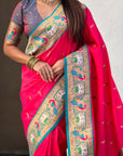 Pink Soft Silk Swan Rajhans Paithani Saree