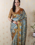 Gold Soft Tussar Silk Abstract Party Wear Printed Zari Woven Saree