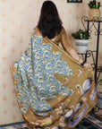 Gold Soft Tussar Silk Abstract Party Wear Printed Zari Woven Saree