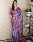 Pink Soft Tussar Silk Abstract Party Wear Printed Zari Woven Saree