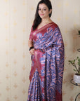 Pink Soft Tussar Silk Abstract Party Wear Printed Zari Woven Saree