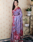 Pink Soft Tussar Silk Abstract Party Wear Printed Zari Woven Saree