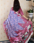 Pink Soft Tussar Silk Abstract Party Wear Printed Zari Woven Saree