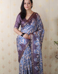 Grey Soft Tussar Silk Abstract Party Wear Printed Zari Woven Saree