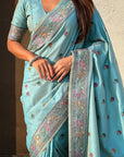 Sea Blue Baluchari Silk Zari Woven Saree