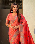 Peach Baluchari Silk Zari Woven Saree
