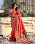 Peach Baluchari Silk Zari Woven Saree