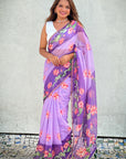 Lavender Chanderi Cotton Pichwai Printed Saree with Zari Woven Border