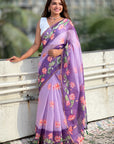 Lavender Chanderi Cotton Pichwai Printed Saree with Zari Woven Border