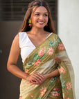 Green Chanderi Cotton Pichwai Printed Saree with Zari Woven Border