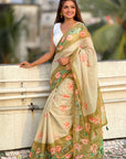 Green Chanderi Cotton Pichwai Printed Saree with Zari Woven Border