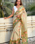 Green Chanderi Cotton Pichwai Printed Saree with Zari Woven Border